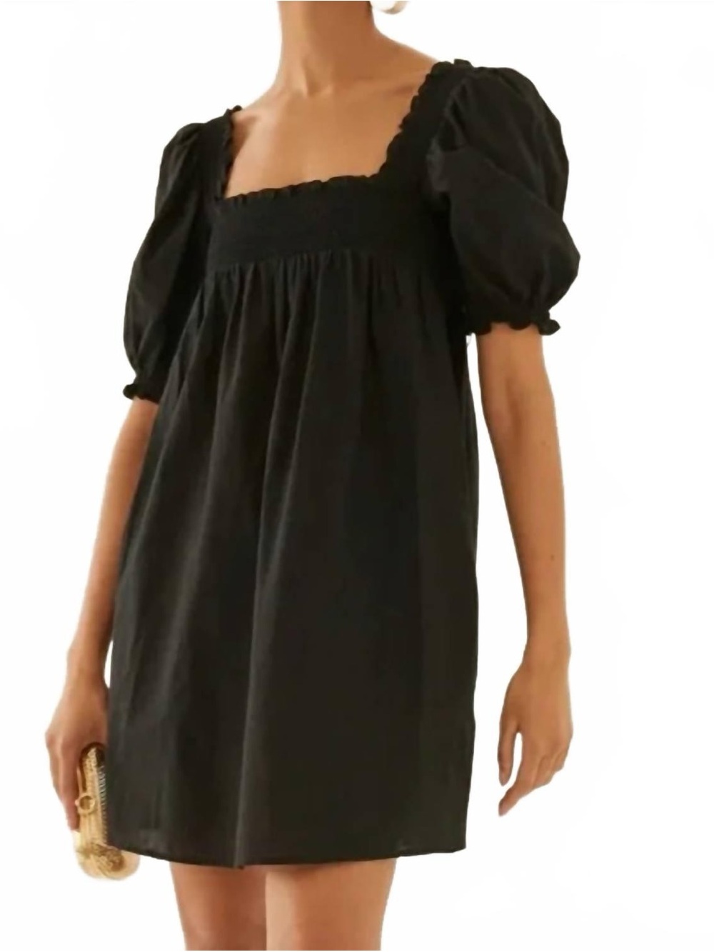Something Navy Smocked Puff Sleeve Square Neck Cotton Mini Dress Black Size S